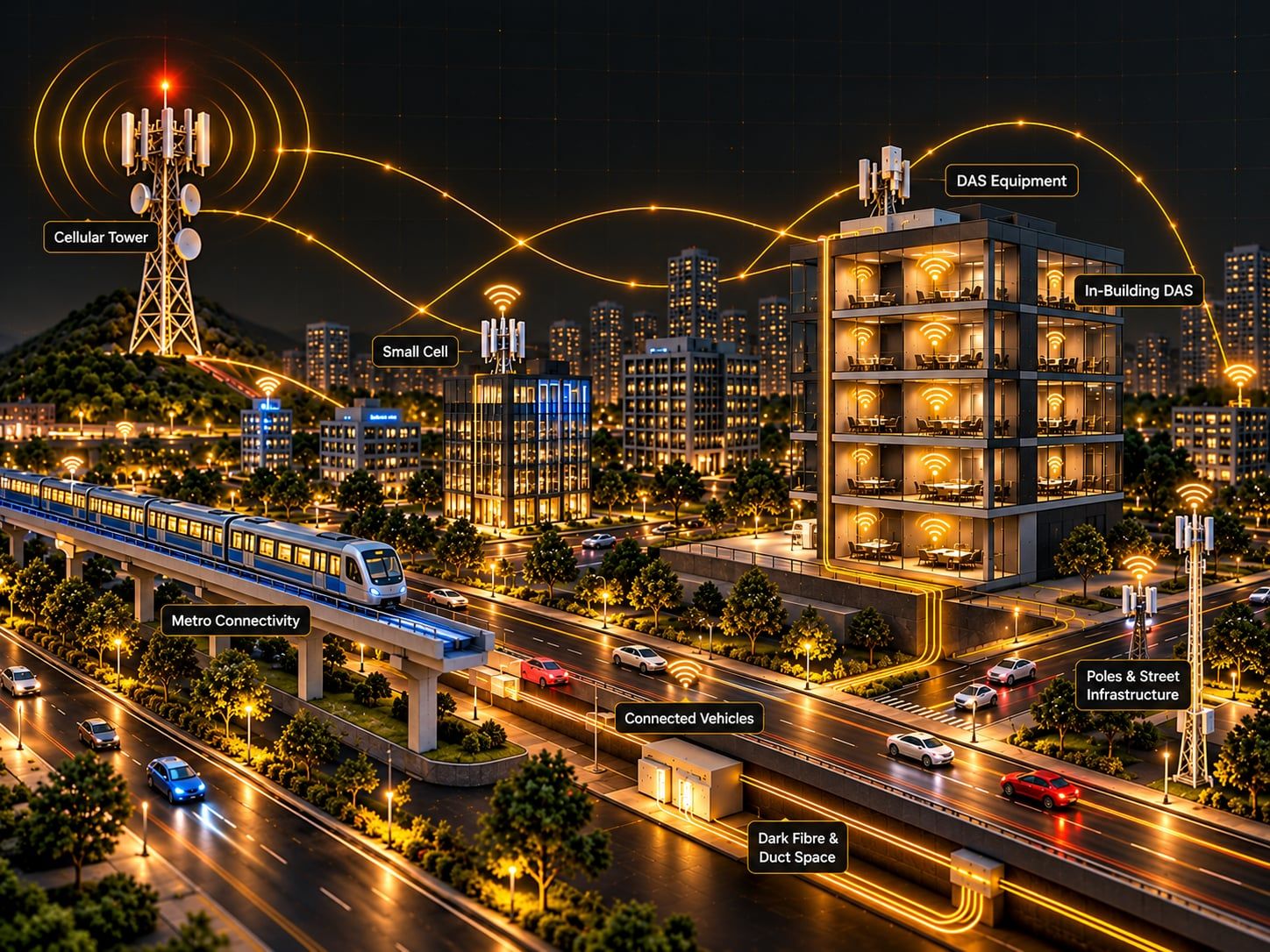 City at night with a cellular tower, small cell, in-building DAS, metro line and fibre routes connected by glowing lines